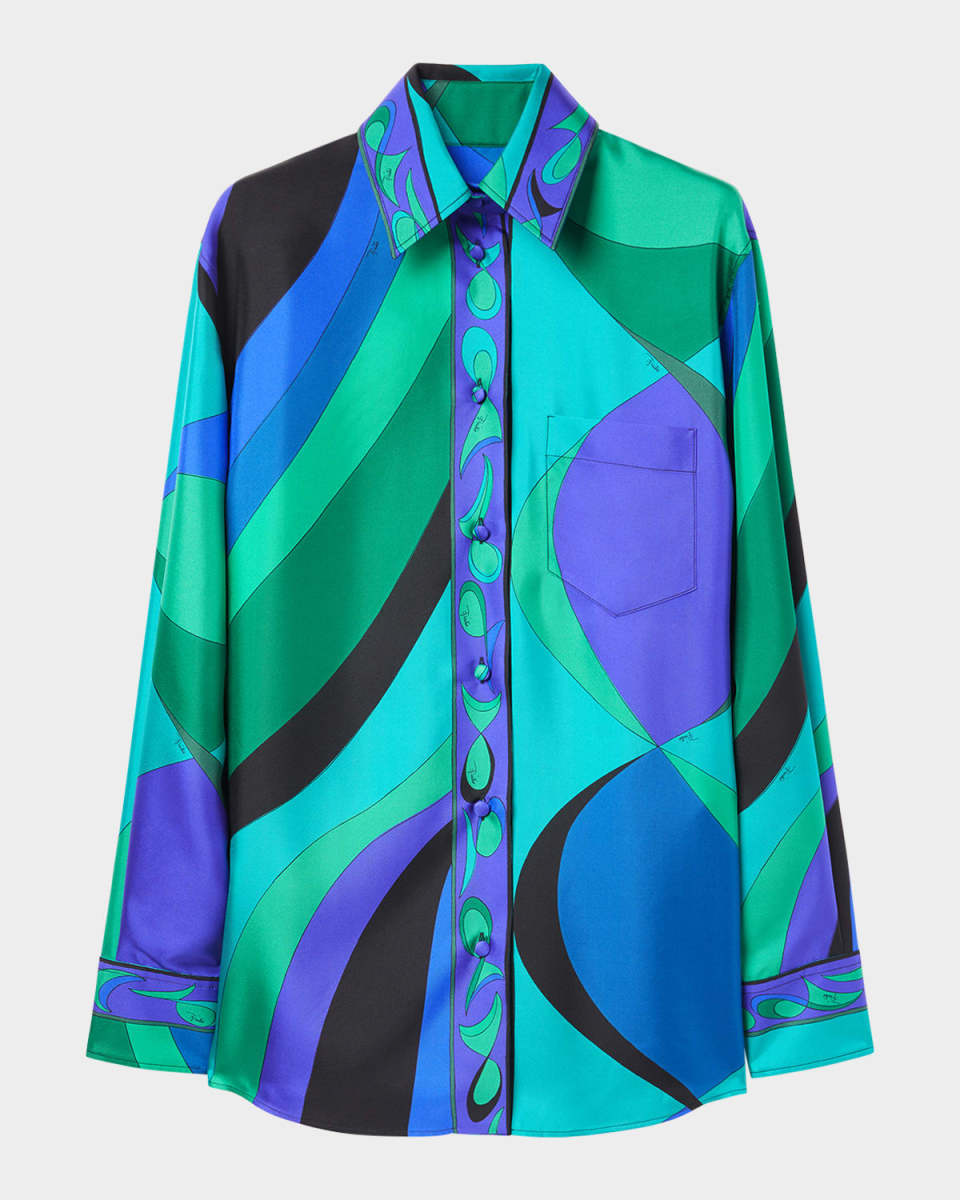 Pesci-Print Silk Twill Button-Down Blouse